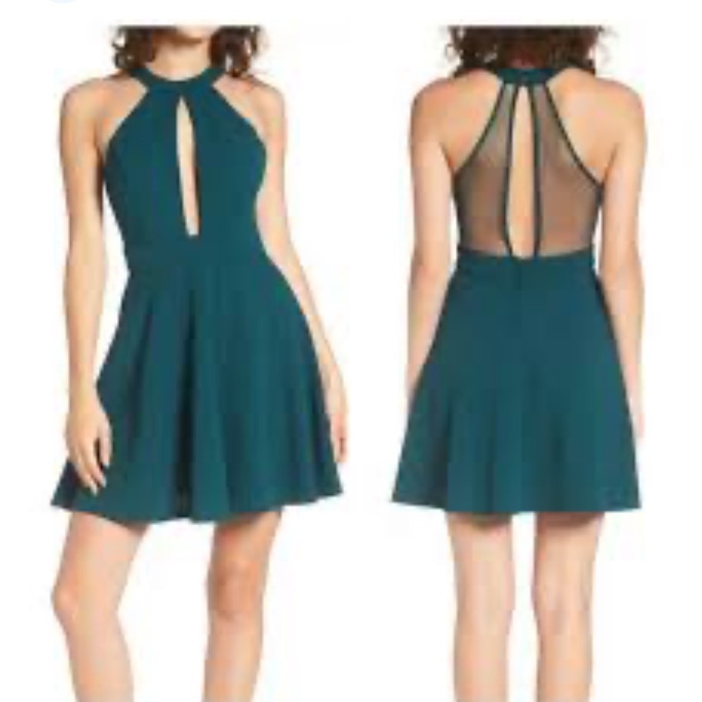 Speechless Green Halter Keyhole Mesh Back Skater Dress cocktail formal Sz 3 NWT